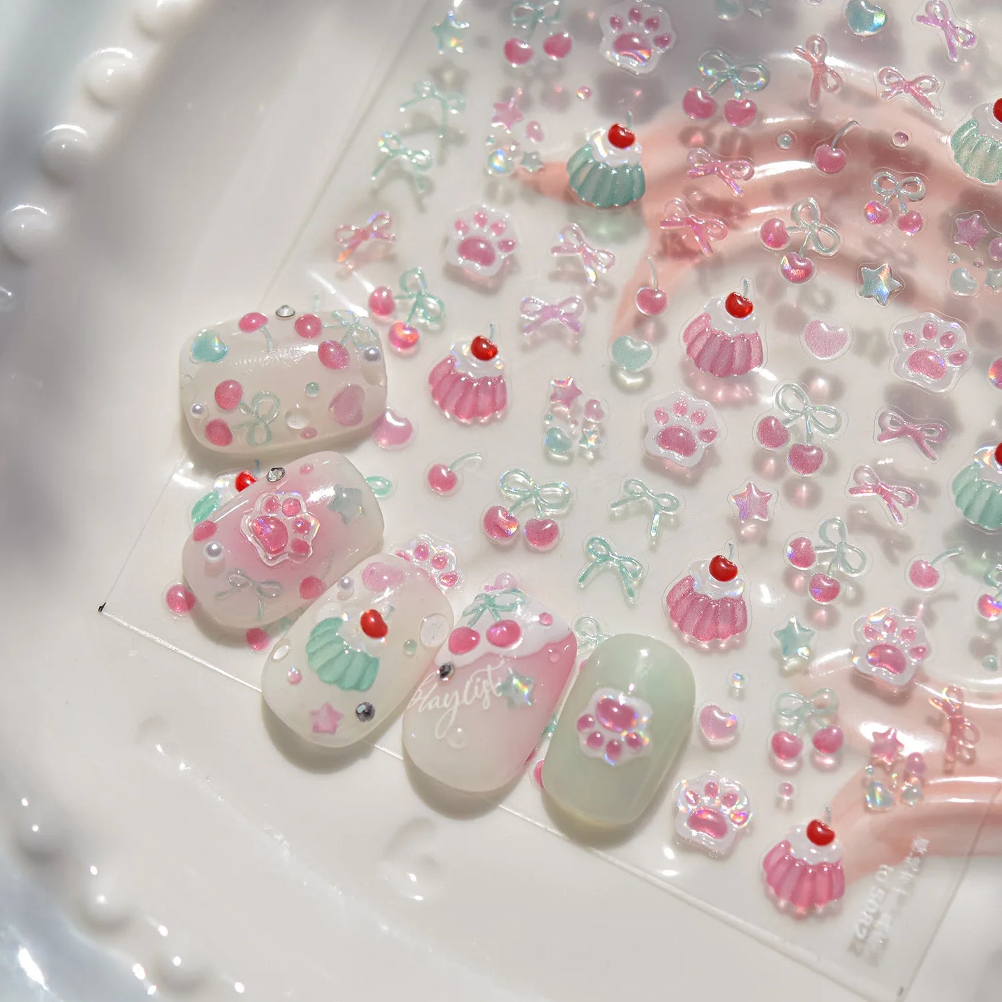 1pcs Cute Small Cat Claw Cherry Nail Art Charms Stickers Shiny 5D Jelly Cherry Pudding Bows Design Adhesive Sliders Nail Decals