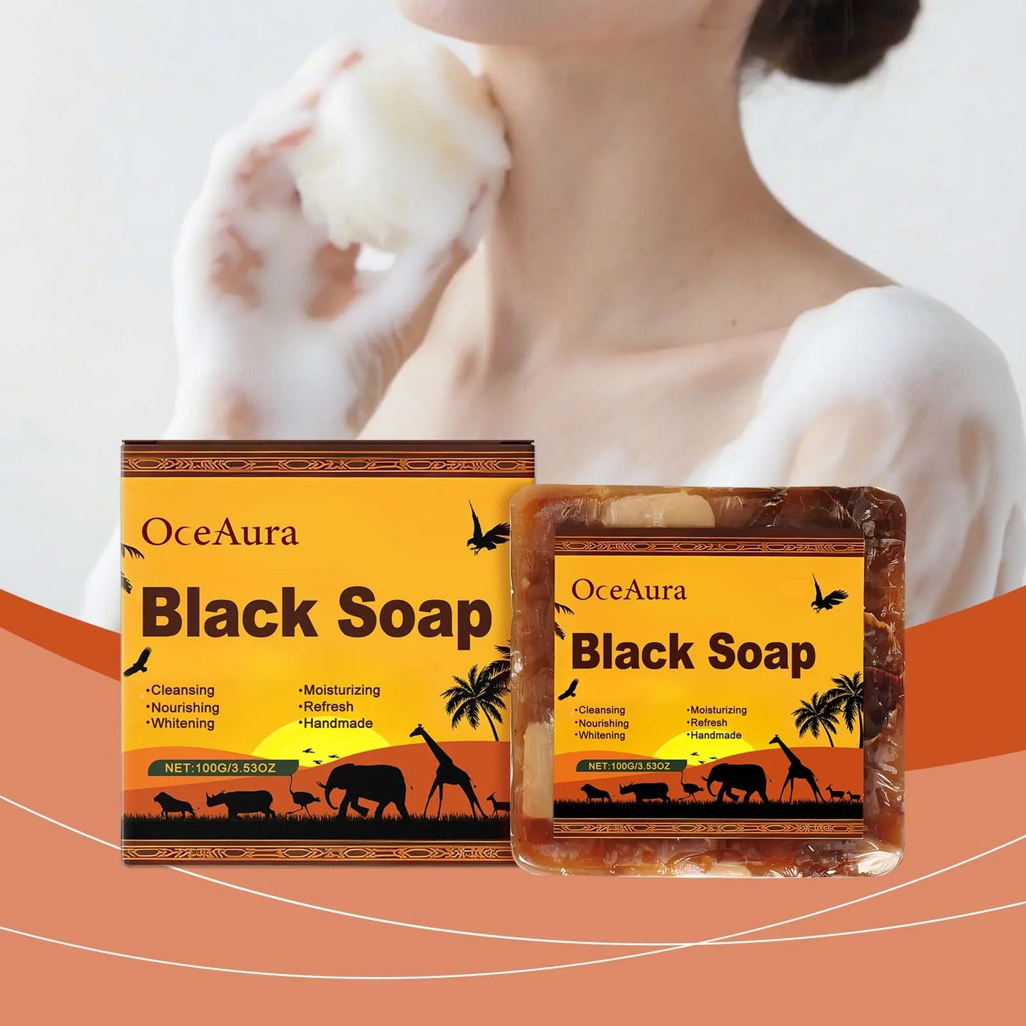 OceAura Lightening Black Soap Oil Control Pore Shrinking Moisturizing Skin Handmade Organic Cocoa Butter Body Cleaning Soap Bar