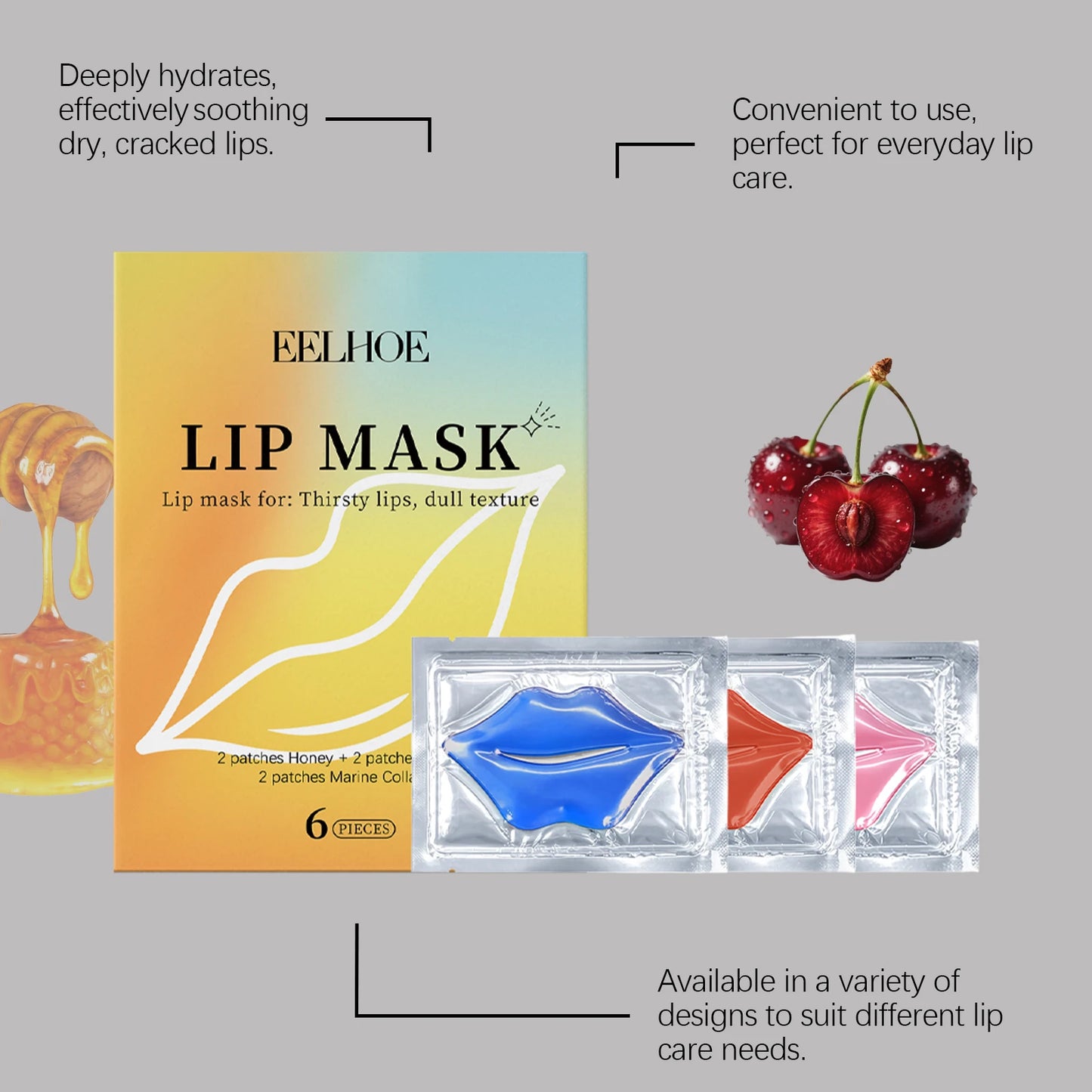 Collagen/Honey/Cherry Lip Mask Gel Patches Hydrating & Plumping Lip Treatment for Dry Lip Repair Fine Lines Clear Lip Care Patch