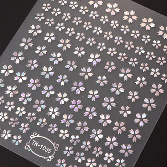 3DLaser Sakura Nail Stickers Holographic Laser Snake Pattern Slider Sakura Water Transfer Nail Decoration Set