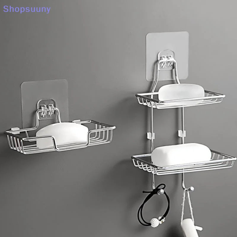 [SU]Stainless Steel Double Tier Draining Soap Dish Holder No Drill Wall Mounted Soap Rack Bathroom Shower Storage Organizer[SU]