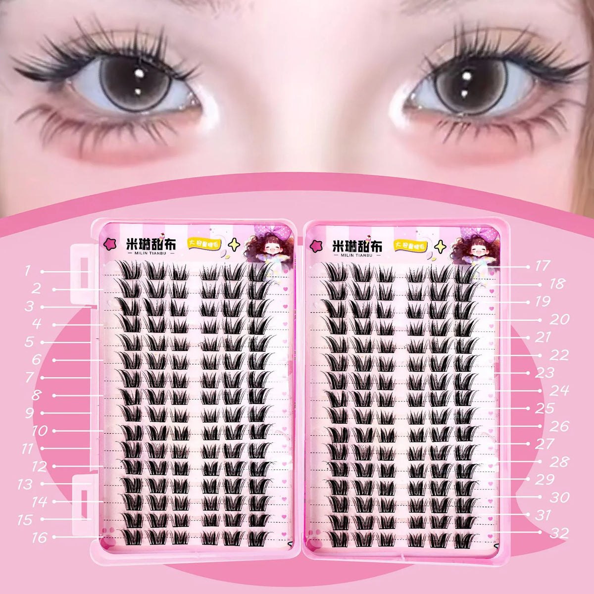 32Rows Anime Cosplay Korean Fake Eyelashes Set Black Volume Foxes False Lashes Extension Curling Girl Group Style Large Capacity