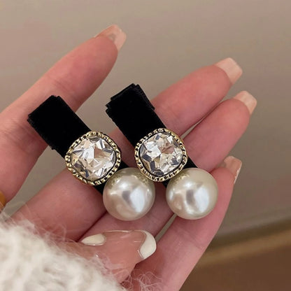 2PCS Pearl &Rhinestone Hair Clips Set, Black Base Elegant Retro-Style Hair Accessories For Women, Stylish Daily Wear Party Decor
