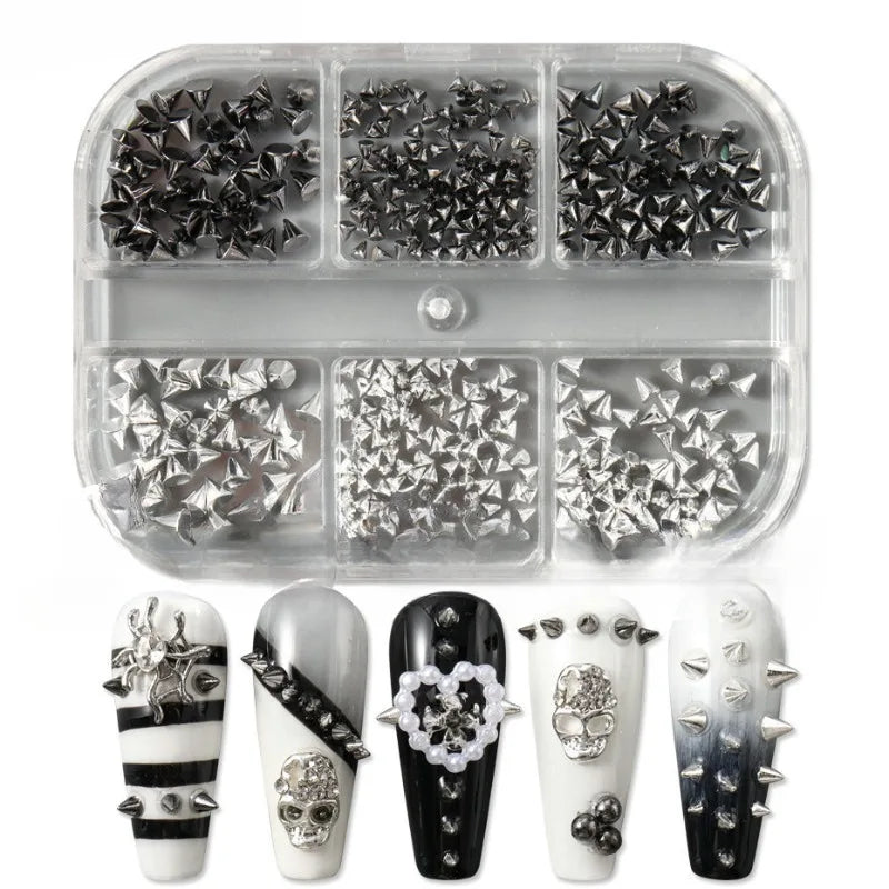 6 Grids Y2K Punk Metal Rivet Nail Charms Cone Mixed Sized Black Silver Gold Nail Art Studs 3D Stylish Alloy Spike Nails tool