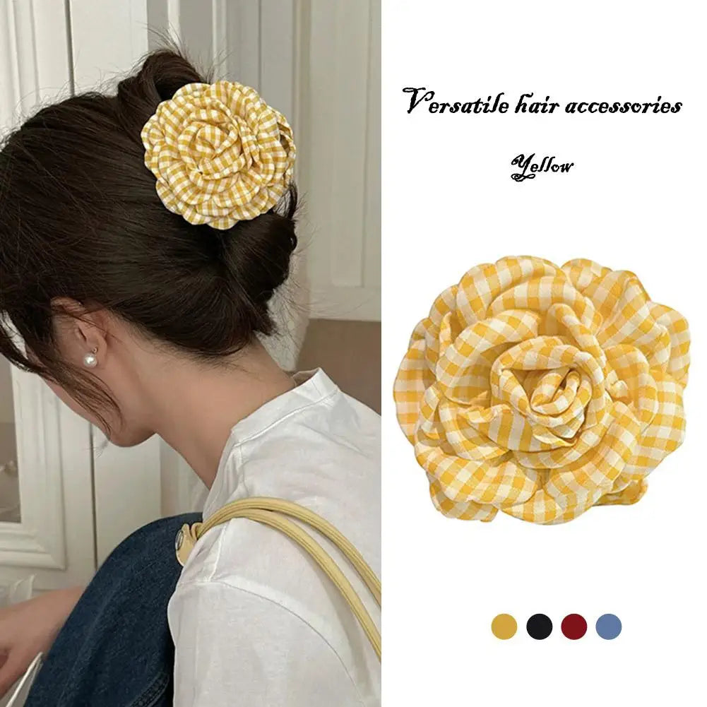 2025 New Grid Hair Claw Women's Gripper Korean Version Flower Hairpin Yellow Rose Exquisite Grab Clip Hair Accessory For Girls