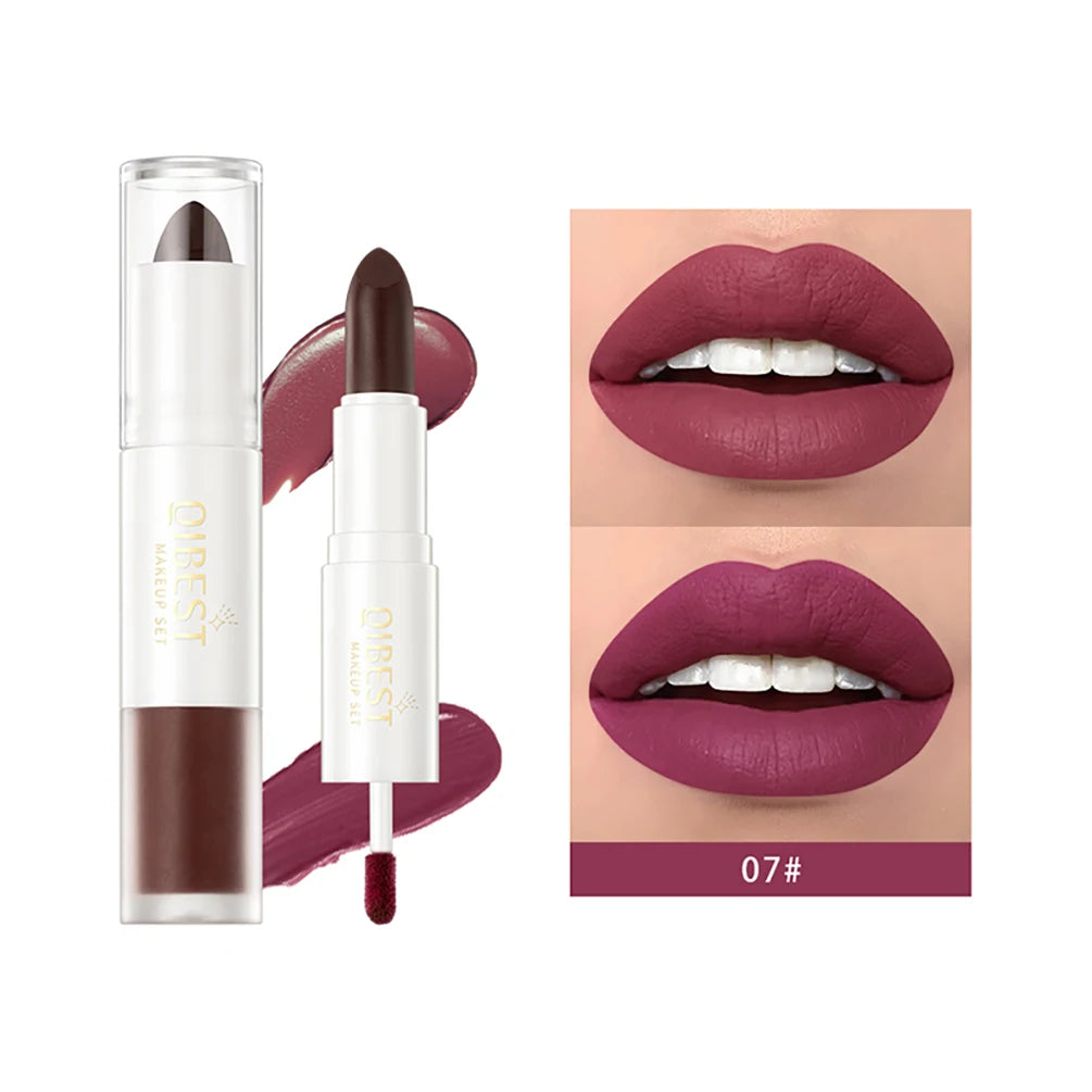 QIBEST 2 In 1 Matte Lipstick Lip Gloss Makeup Double Head Lip Satin Sexy Red Purple Lipgloss Long Lasting  Lip Tint Makeup