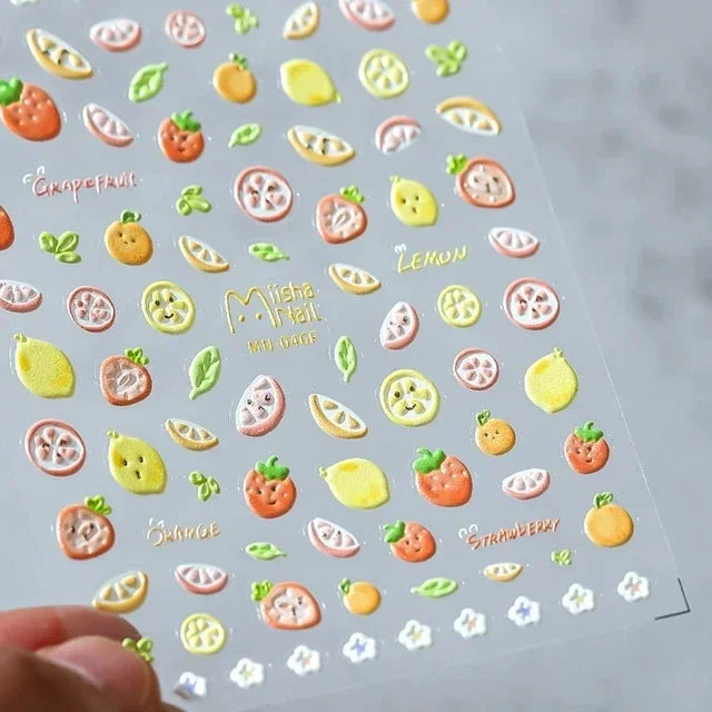 Lovely Red Fruit Strawberry Cherry Bowknot Love Heart Star Silk Ribbon 5D Nail Art Stickers Chic Self Adhesive Manicure Decal