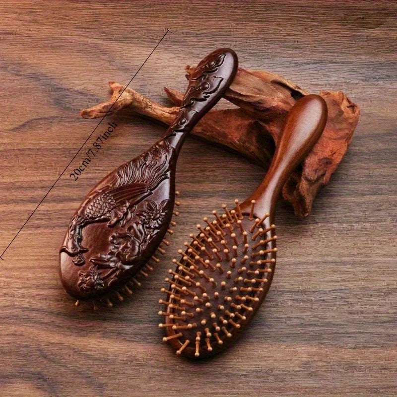 1Pc Sandalwood & Bamboo Air Cushion Brush - Gentle Scalp Massage Comb for All Hair Types with Unique Animal & Floral Designs