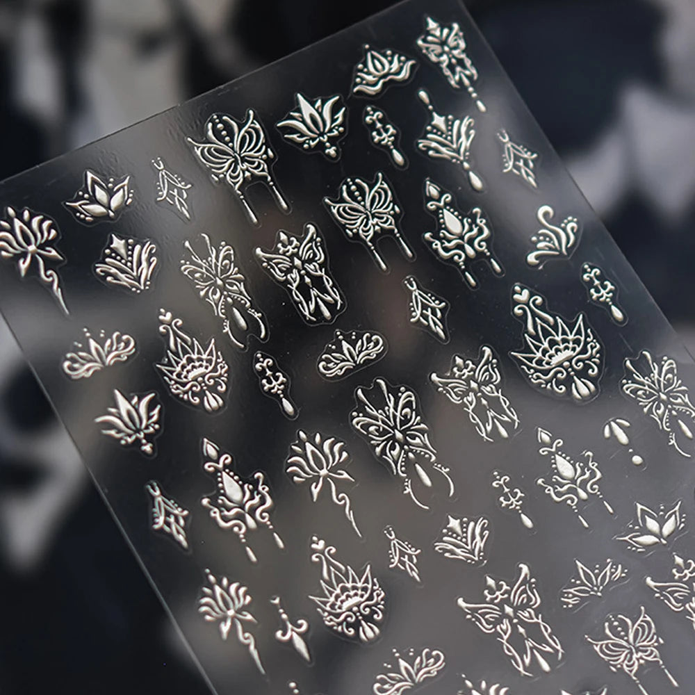 Elegant Gold Scepter 5D Nail Art Stickers Gorgeous Gemstone Luxury Courtly Pattern Necklace Frame Self Adhesive Manicure Decals
