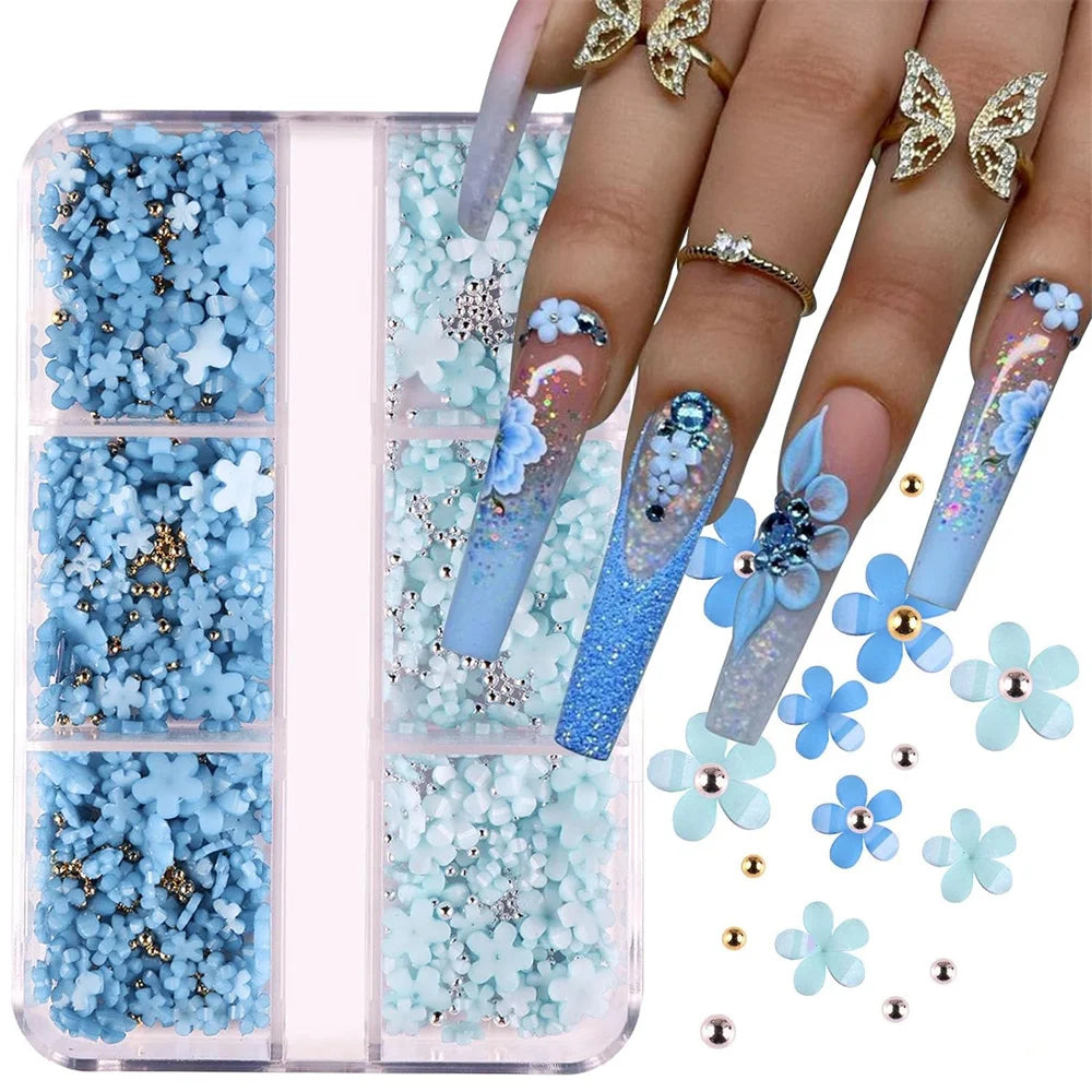 6Grid 3D Mixed Pink White Small Flower Nail Art Charms With Gold Silver Beads Kawaii Resin Fashion Cartoon Nail Decorations DIY