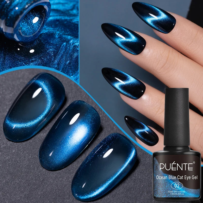 PUENTE 7.5ML Golden Gems Cat Magnetic Gel Nail Polish Pink Brown Blue Colors Golden Glitter Cat Eye Soak Off UV Nail Art Varnish
