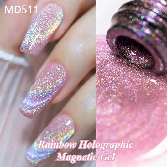 Rainbow Holographic Cat Magnetic Gel Nail Polish Laser Glitter Magnetic Semi Permanent Soak Off UV Gel Varnish Nail Supplies DIY