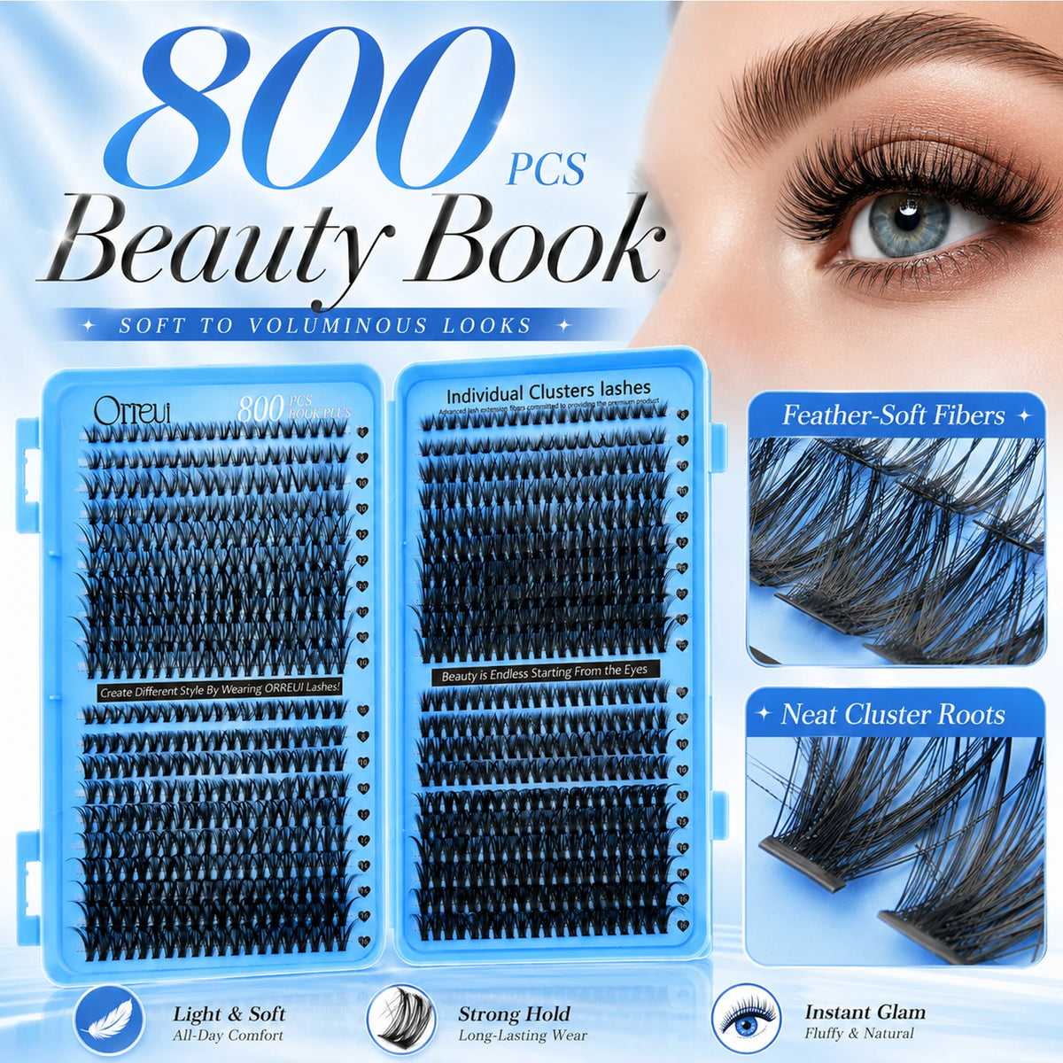 800PCS Cluster Lash Book 30D 40D 50D 60D 8-16mm Mixed Length DIY Individual Eyelash Extensions Soft Wispy Volume Lashes