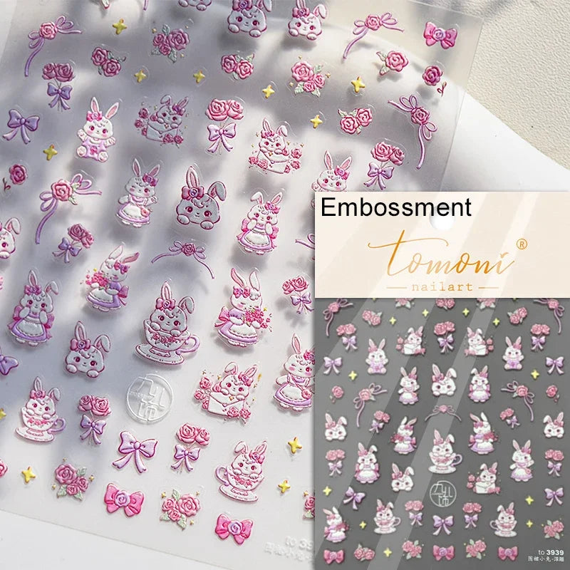 1piece 5Dcute tulip flower nail stickers high quality self-adhesive embossed nail art decals for girls summer decoration sticker