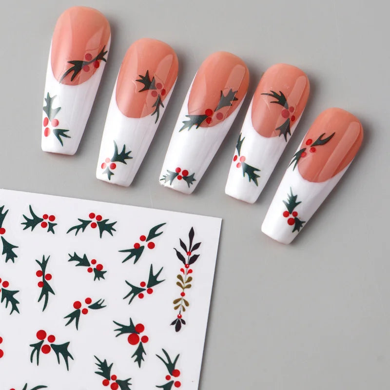 2pcs Christmas Holly Nail Art Stickers Xmas Flower Leaf Designs Jolly New Year Winter Adhesive Decals Sliders Decoration