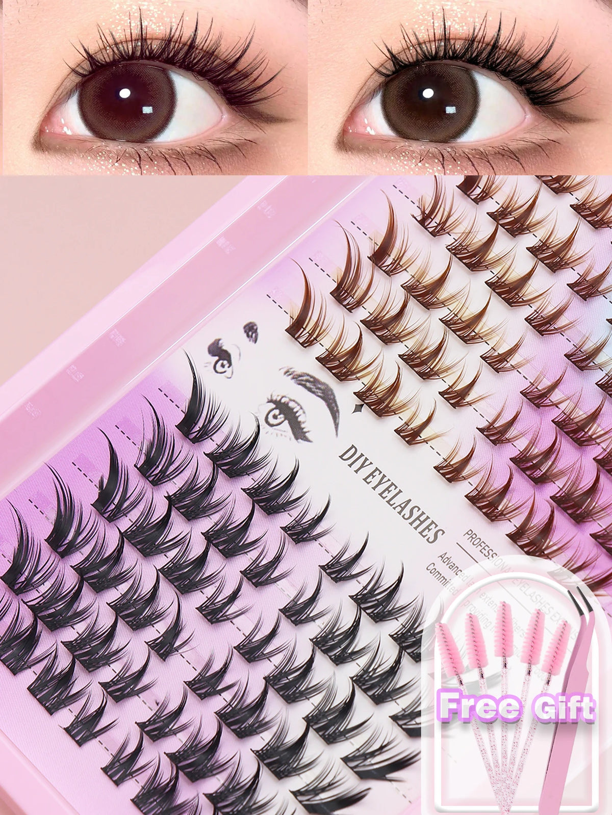 80 Clusters of Brown Natural Fox-Style Cat Eye False Eyelashes Makeup Tools, Natural Segmented Eyelash Bundles Makeup Tools