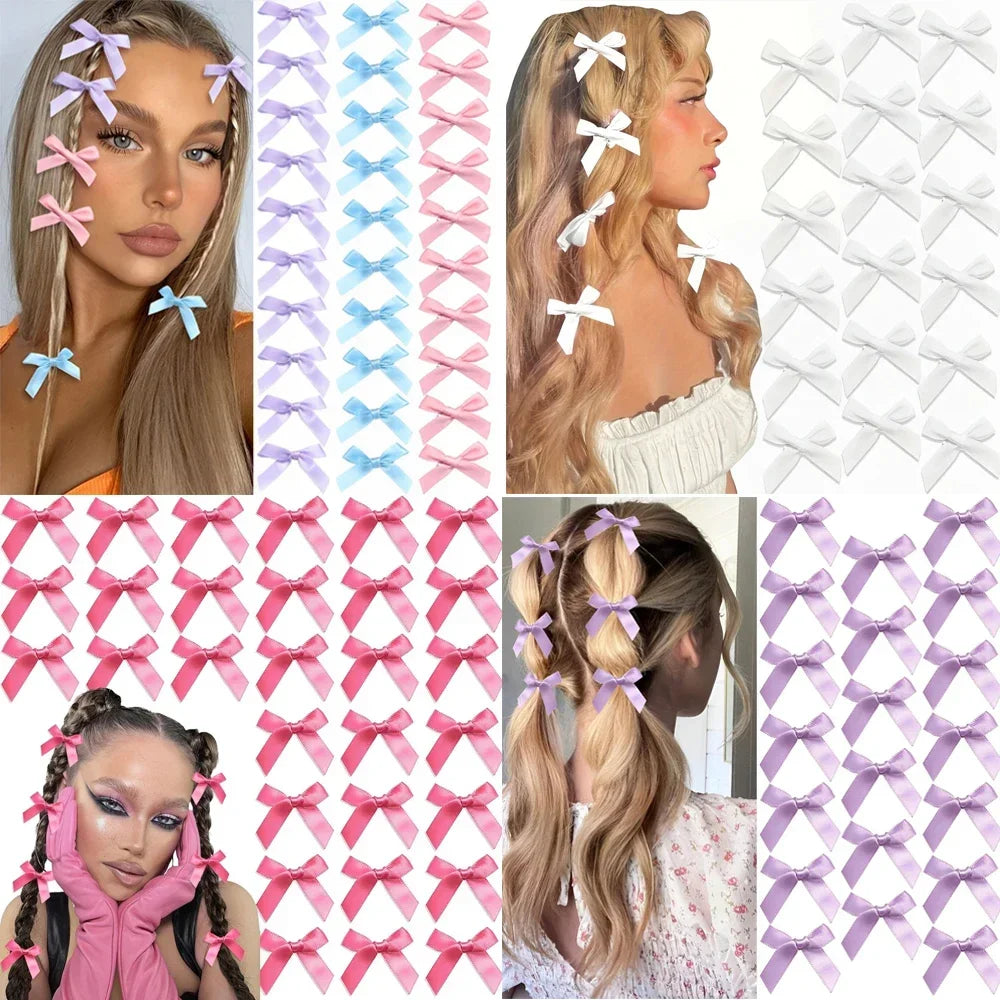 RAINBOW BOWS 10Pcs Kids Sweet Solid Color Mini Bows Hair Clip Baby Girls Ballet Style Ribbon Braided Hair Accessories Wholesale