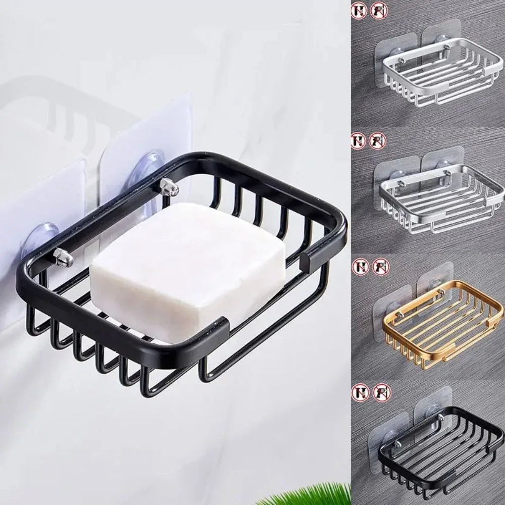 Quality Wall Mounted Soap Dish Self-adhesive Drill Free Metal Soap Holder Hollow Type Aluminum Soap Storage Rack Bathroom