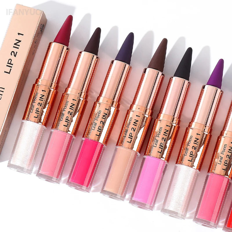 2IN1 Tapered Tip Lip Liner & Lipstick Gradient & Velvet Matte Finish Pearly Waterproof Non Stick Cup Liquid Lip Color Makeup Set
