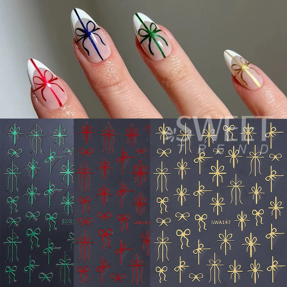 3/6pcs Christmas Nail Art Stickers 3D Snowflake Bow French Line Design Decals DIY Self-Adhesive New Year Manicure Decoration