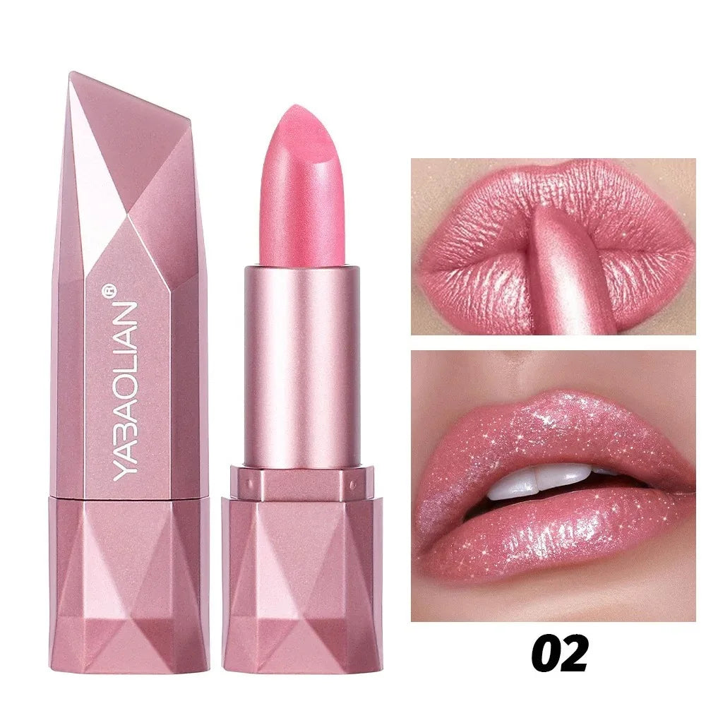 Diamond Nude Rose Pink Lipstick Waterproof Long Lasting Pearlescent Glitter Velvet Lipstick Golden Sparkle Metallic Lips Makeup